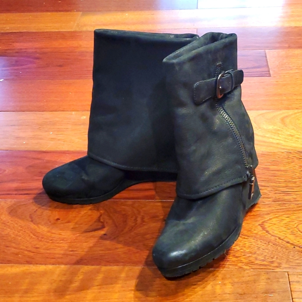 Prada Black Foldover Heeled Boots with Buckle Detail